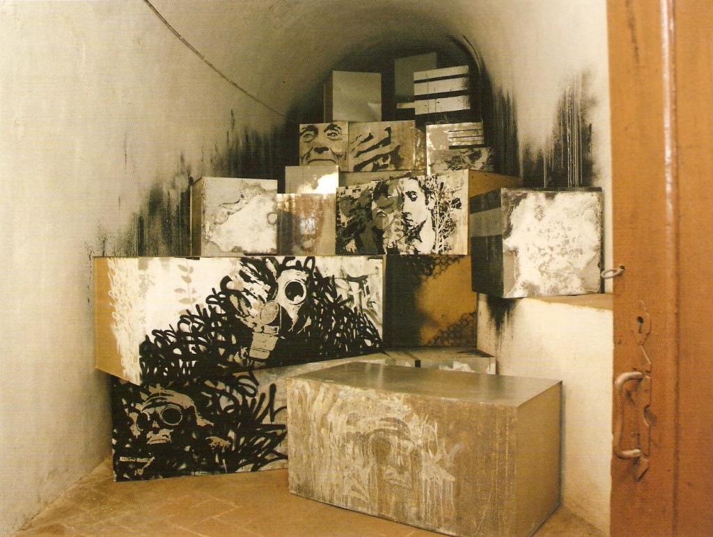 Caixas de chapa zincada, madeira, tinta de água, spray, tinta permanente, lixívia, máscara de silicone
5x10m